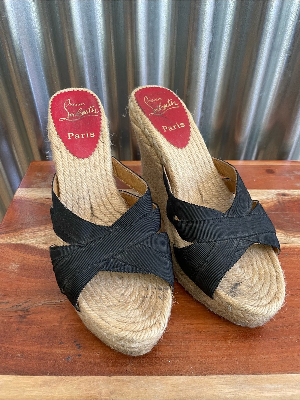 Christian Louboutin Black Espadrille Wedge Slides with Red Insoles - Picture 2 of 6